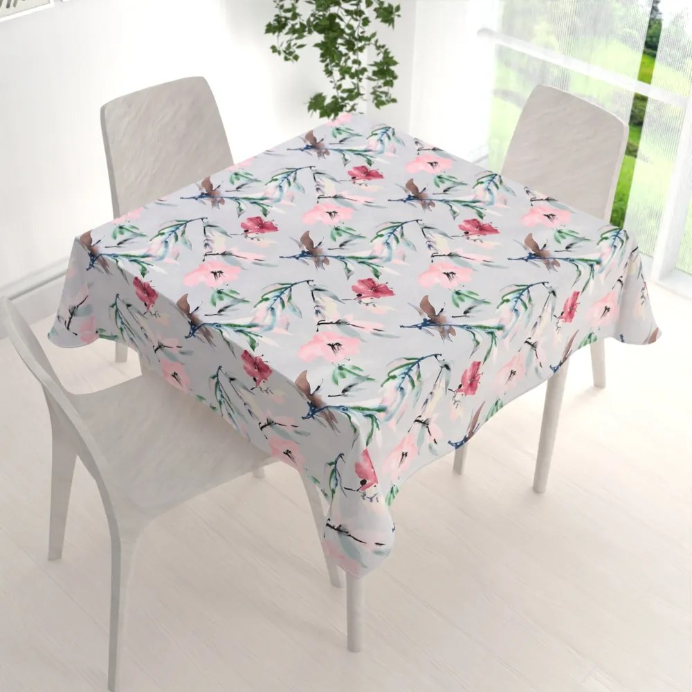 Biante Dekoračný štvorcový obrus PM-110 Akvarelové ružové kvety na svetlo sivom 110x110 cm