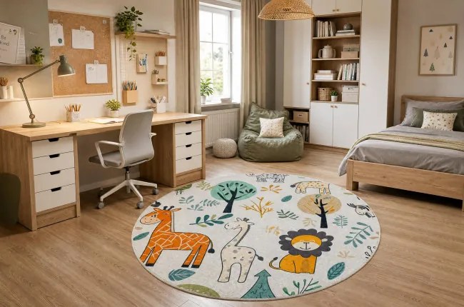 Detský koberec protišmykový BAMBINO 61570 krémový / zelený kruh