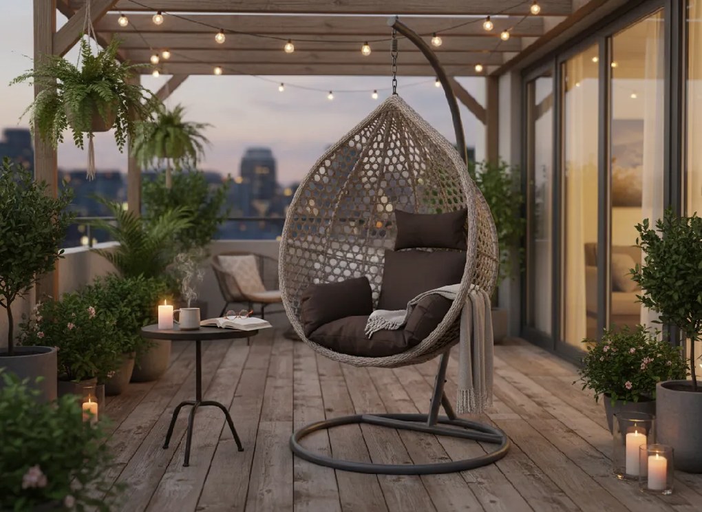 CH ZÁVESNÁ STOLIČKA, ŠEDÁ, VANKÚŠ – ŠEDÝ, RÁM – TMAVOSÉRY 107 x 68 x 120 CM