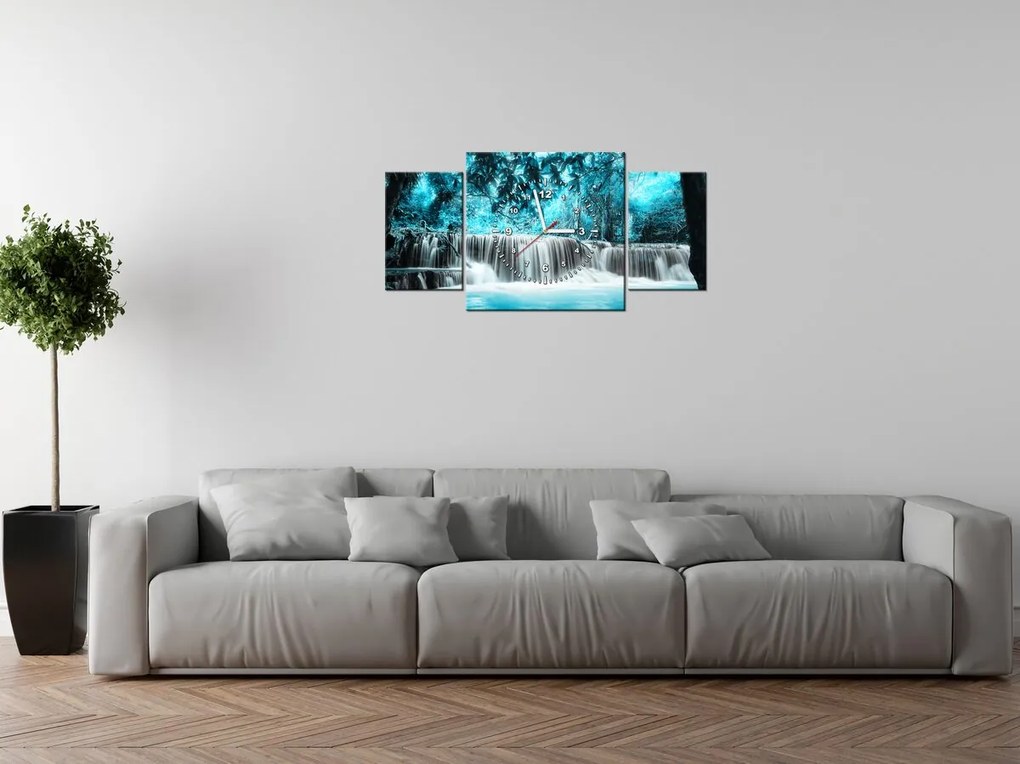 Gario Obraz s hodinami Vodopád v modrej džungli - 3 dielny Rozmery: 90 x 70 cm