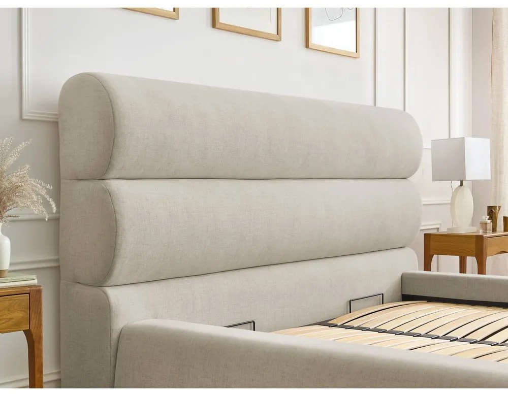 Béžová čalúnená dvojlôžková posteľ s úložným priestorom s roštom 160x200 cm Jagna – Bobochic Paris