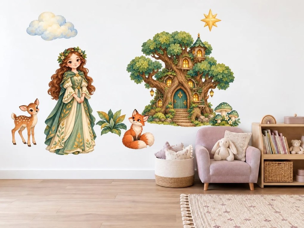 Lesná princezná a domček na strome lesné akvarelové nálepky na stenu pre malé princezné arch 75 x 55 cm