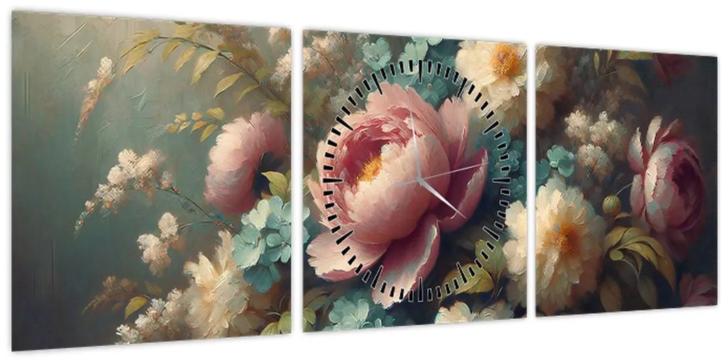 Obraz - Zátišie s kvetmi - maľba (s hodinami) (90x30 cm)