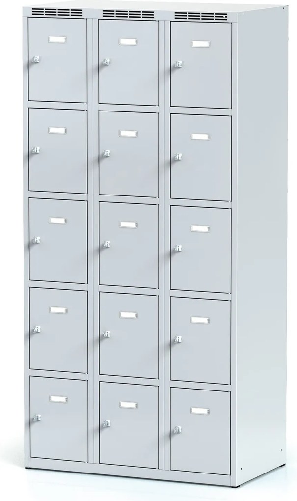 Alfa 3 Šatníková skrinka S6 s úložnými boxami, 15 boxov, 1800 x 900 x 500 mm, cylindrický zámok, sivé dvere