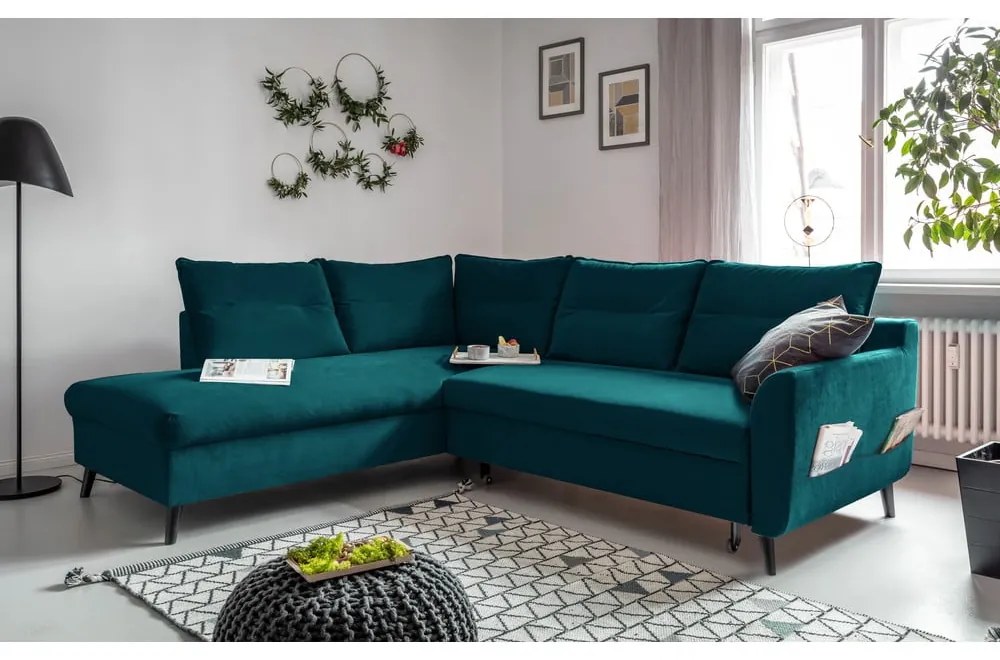 Tyrkysovomodrá zamatová rozkladacia rohová pohovka Miuform Stylish Stan L, ľavý roh