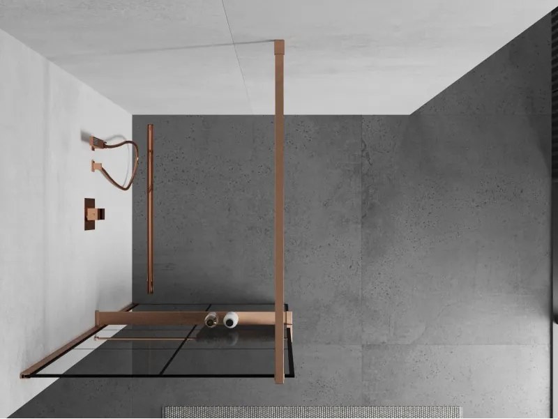 Mexen Kioto+, sprchová zástena Walk-In s poličkou a vešiakom 70 x 200 cm, 8mm číre sklo čierny vzor, medený matný profil, 800-070-121-65-77