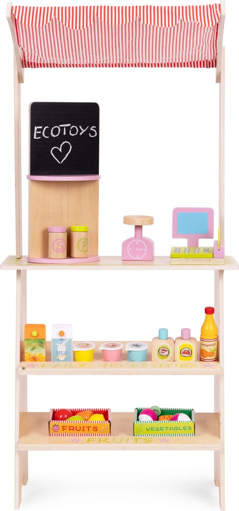 Detský drevený stánok ECOTOYS pre deti 3+ s pokladňou, terminálom, váhou, 20 dielov