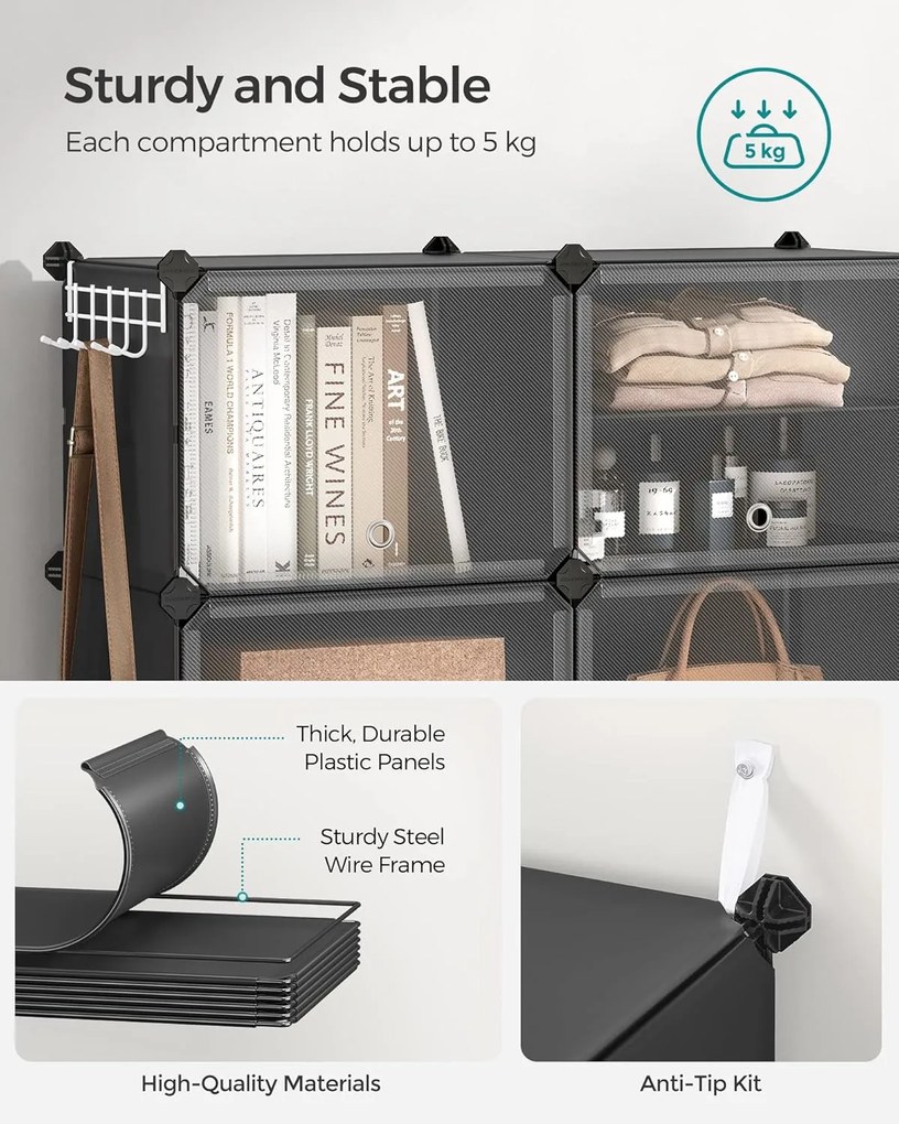 Topánková skriňa, 10 priehradková modulárna úložná jednotka, 32 x 165 x 125 cm, čierna