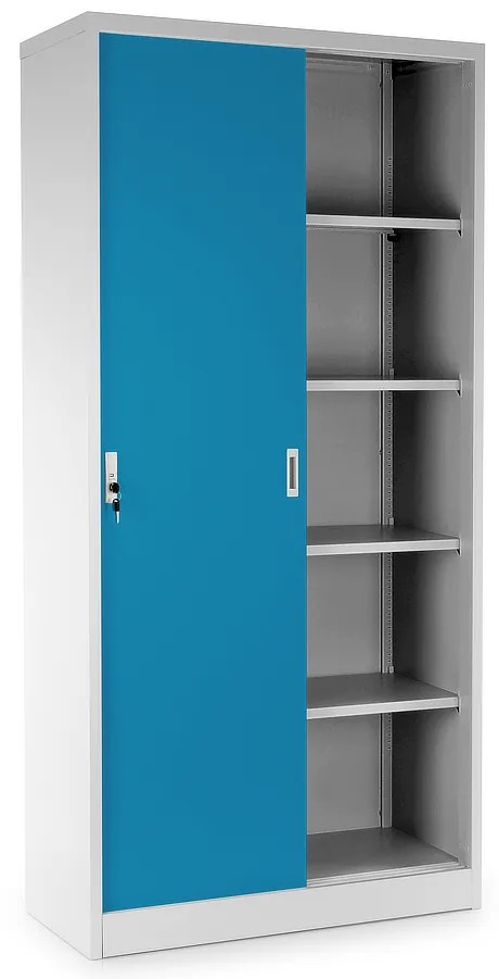 Univerzálna kovová skriňa s posuvnými dverami 90 x 40 x 185 cm, cylindrický zámok, modrá - ral 5012