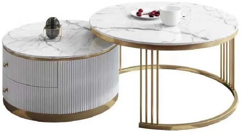 KONFERENČNÝ STOLÍK GASTON 2v1 BIELY MRAMOR + ZLATÝ