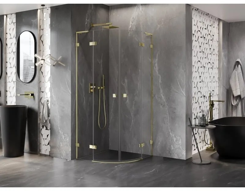 Mexen Lunar, L výklopný polkruhový sprchový kút 70 x 70 cm, 8mm číre sklo, zlatý profil, 833L-070L-070P-50-00