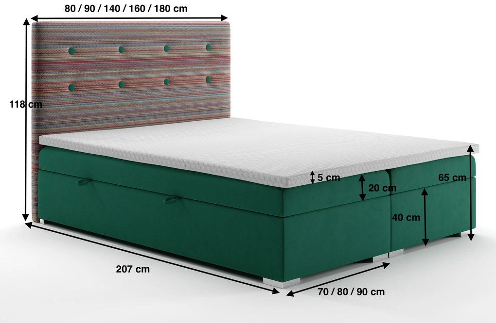 Kontinentálna posteľ 140 cm Rinoletto (tmavozelená + viacfarebné) (s úložným priestorom). Vlastná spoľahlivá doprava až k Vám domov. 1020359