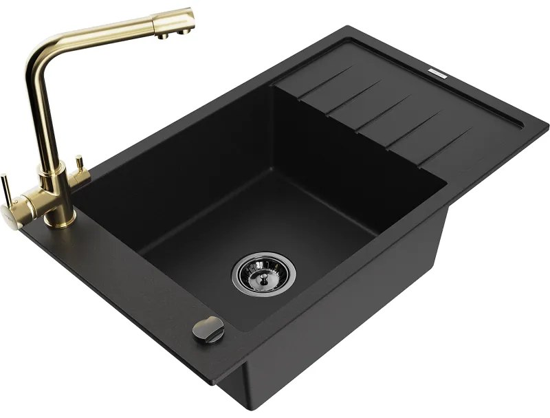 Mexen Elias, 1-komorový granitový drez s odkvapkávačom 795x480x200 mm a zlatá batéria Duero, čierna, 6511-77-671600-50-B