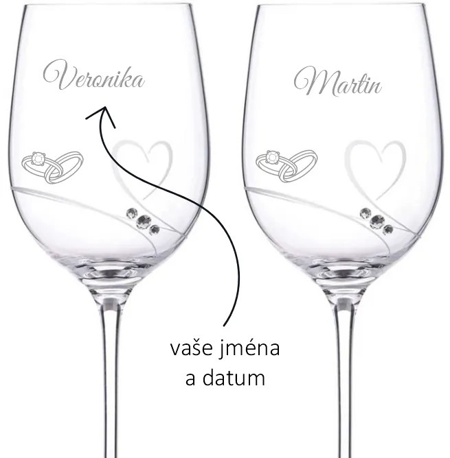 Dekorant Svadobné poháre na biele víno Romance s kamínky Swarovski PRSTIENKY