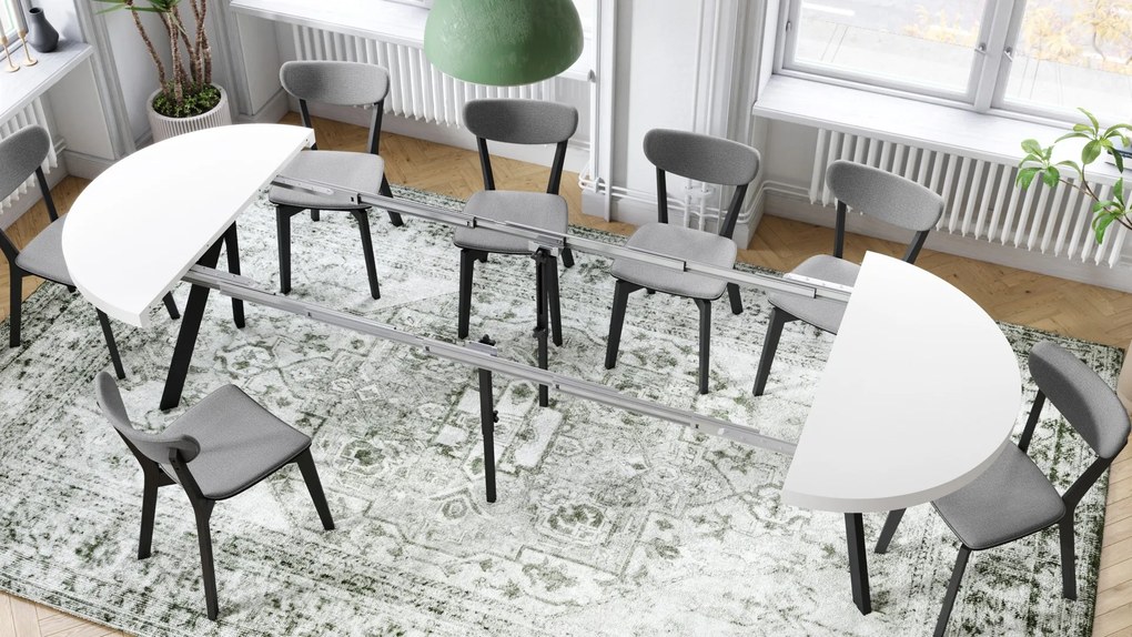 EXPANSO Biely mat / čierne nohy - VEĽKÝ OKRÚHLY STÔL Ø110 ROZKLADACÍ AŽ DO 310 cm S NOHAMI Y LOFTOVÝ / INDUSTRIÁLNY