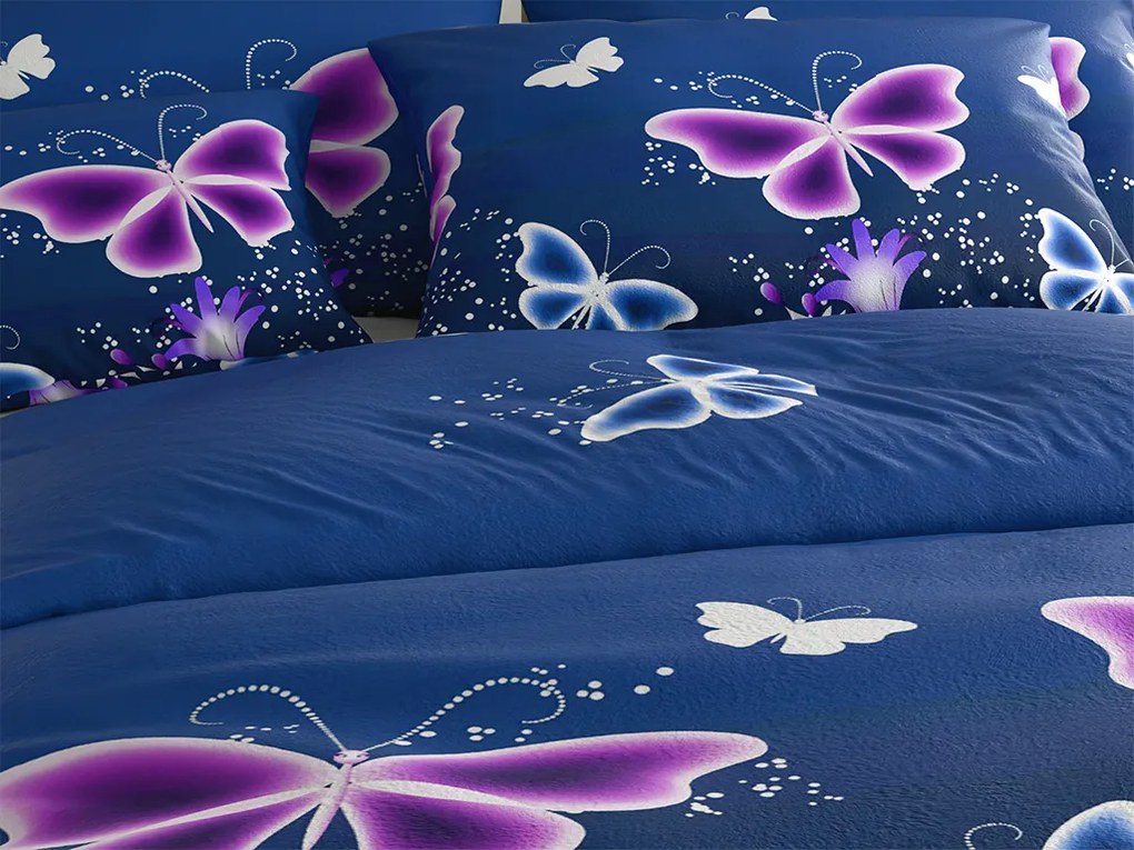 Sada mikroplyšových obliečok VIOLET BUTTERFLY tmavomodré + plachta mikroplyš SOFT 180x200 cm biela, dvojlôžko