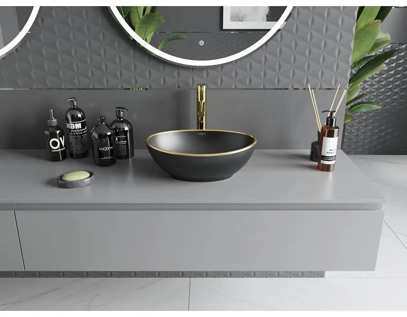 Mexen Elza, keramické umývadlo na dosku 405 x 330 mm, čierna matná-zlatý okraj, 21014025