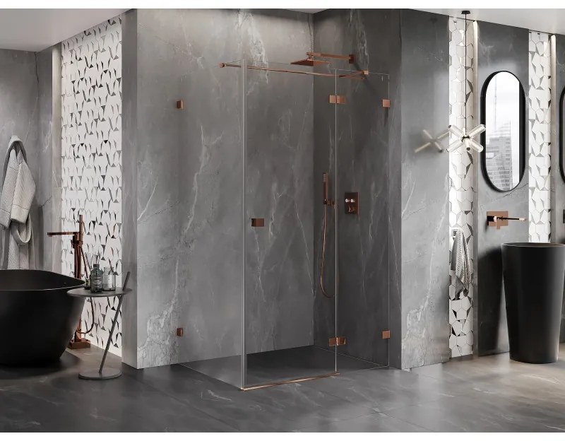 Mexen Lunar T, výklopný sprchový kút pravý 130 x 110 cm, 8mm číre sklo, profil ružové zlato, 834T-130-110-60-00-P