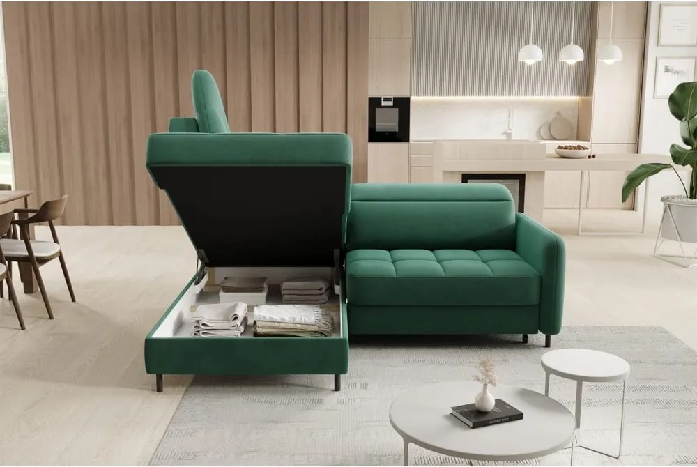 Zelená zamatová rozkladacia/s úložným priestorom rohová pohovka (ľavý roh/do L) Barea – ELTAP