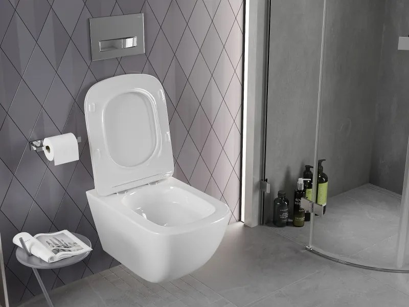 Mexen Timo, závesná WC misa 555x370x335 mm, Rimless Tornádo + WC sedadlo z duroplastu, biela lesklá, 30650200T