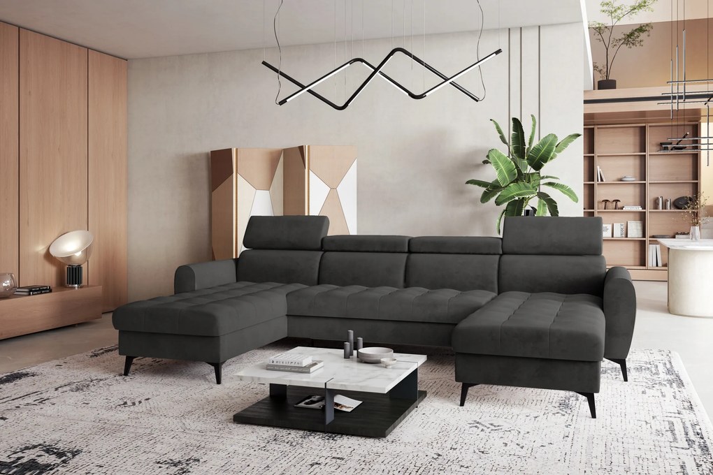 Grafitová rohová sedačka Bjorn U s funkciou spania a dvoma úložnými priestormi na posteľnú bielizeň