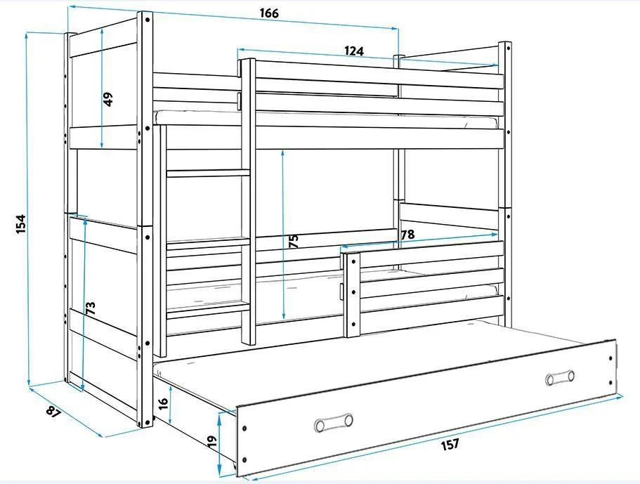 Poschodová posteľ s prístelkou RICO 3 - 160x80cm - Grafitový - Grafitový