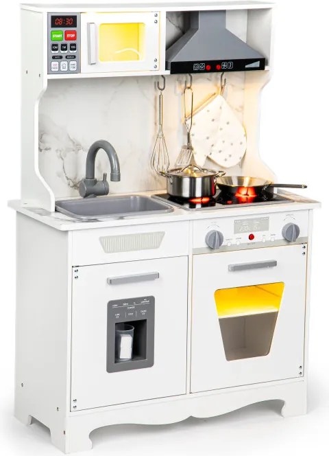 Drevená detská kuchynka ECOTOYS s LED svetlami, zvukmi a kovovými príslušenstvami