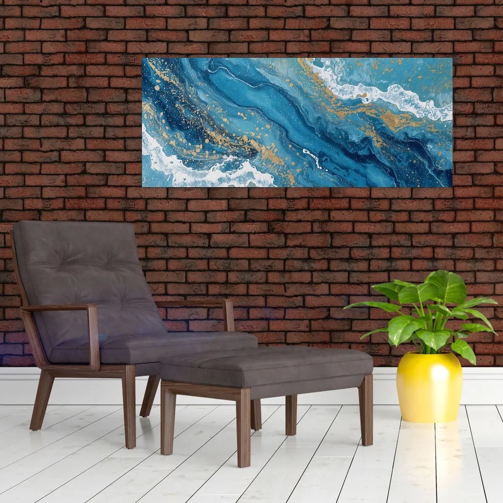 Obraz - Bledomodrý mramor so zlatom II. (120x50 cm)