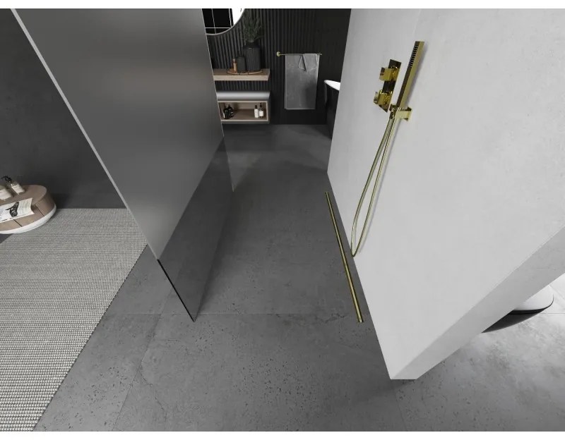 Mexen Kioto, sprchová zástena Walk-In 130 x 200 cm, 8mm číre sklo-námraza, zlatý matný profil, 800-130-002-55-35