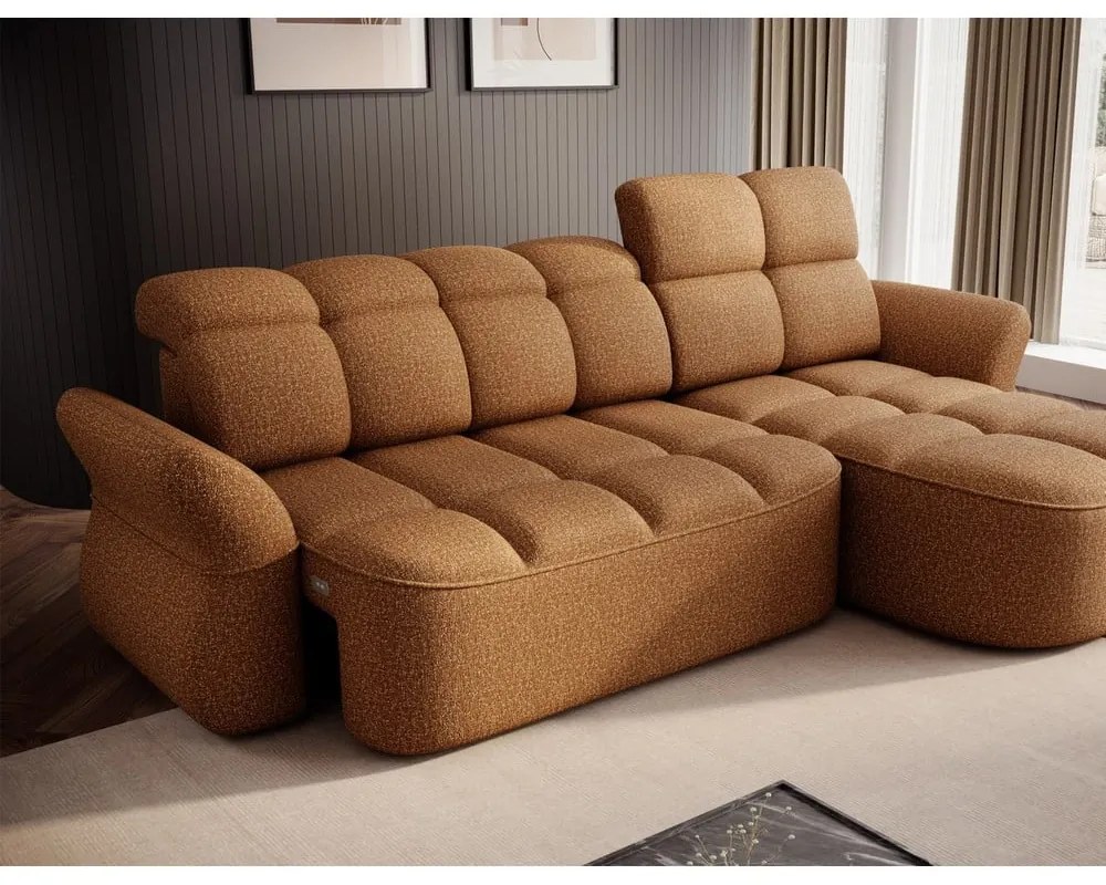 Žltá/hnedá zamatová rozkladacia/s úložným priestorom rohová pohovka (pravý roh/s leňoškou) Beneth – ELTAP