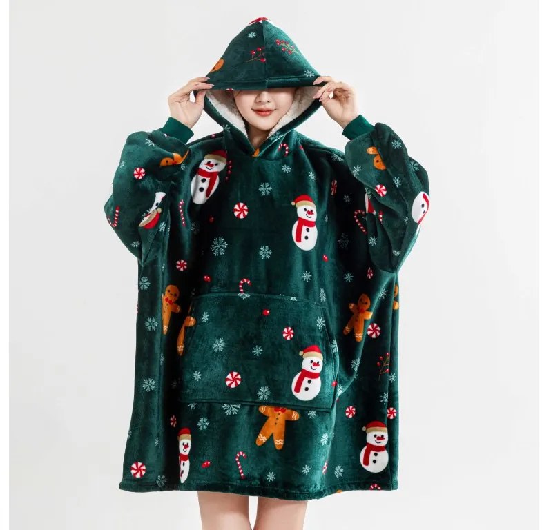 Baránková mikinová deka s rukávmi a kapucňou SNOWMAN AND GINGERBREAD, zelená