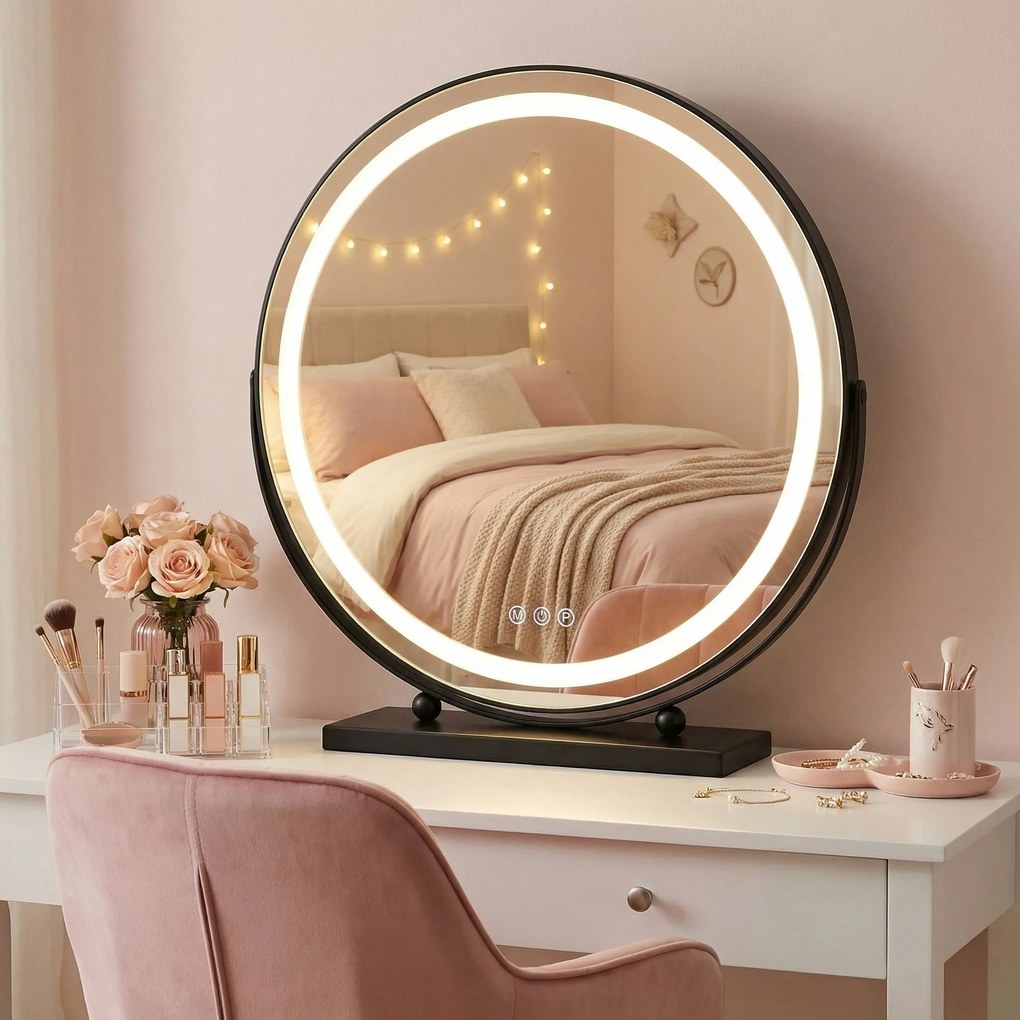 Rea Make-Up, LED okrúhle kozmetické zrkadlo na postavenie 50 cm, čierna, HOM-12022