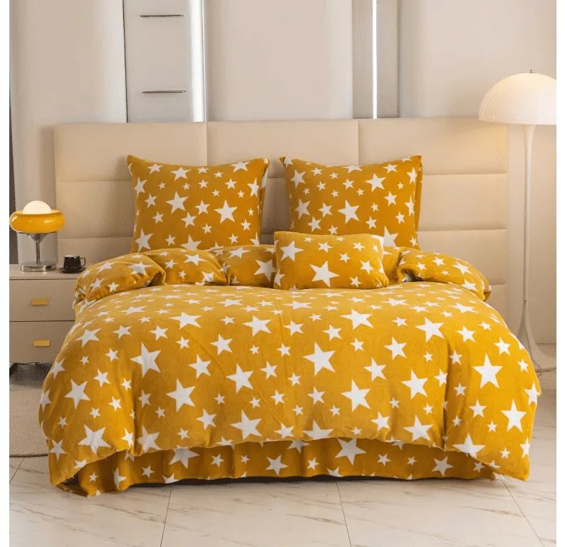 Sada mikroplyšových obliečok HVIEZDY žltooranžové + obliečka mikroplyš SOFT 180x200 cm biele, dvojlôžko