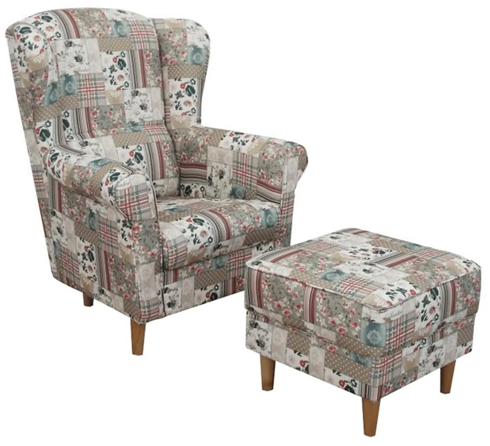 Kreslo ušiak s taburetom, látka patchwork Viorica 1, ASTRID