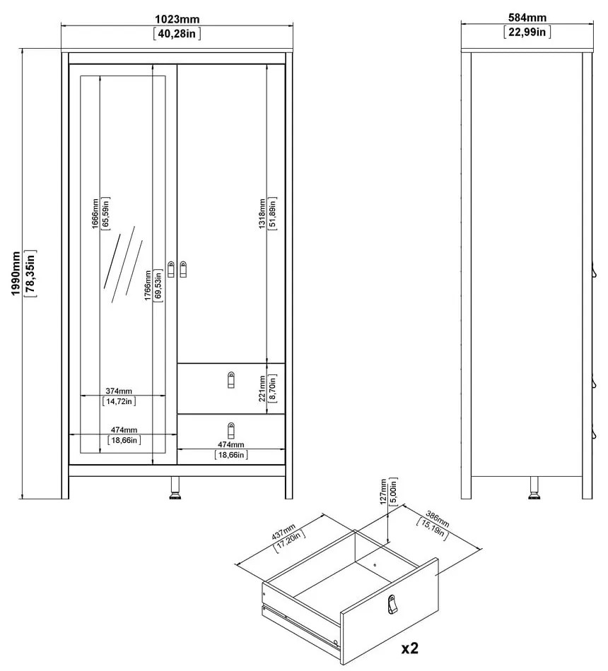 Čierna šatníková skriňa so zrkadlom 102x199x58 cm Madrid – Tvilum