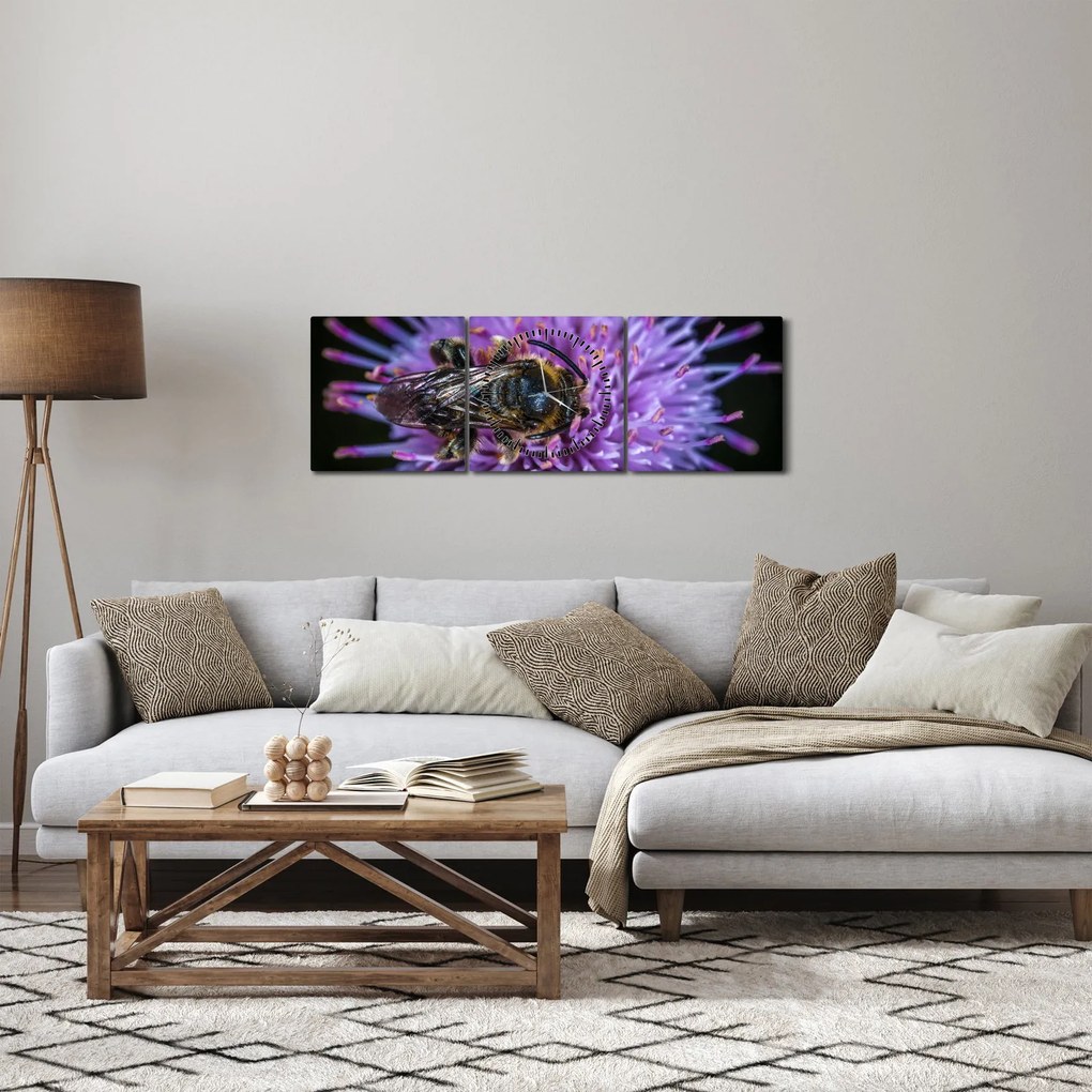 Obraz včely na kvetine (s hodinami) (90x30 cm)