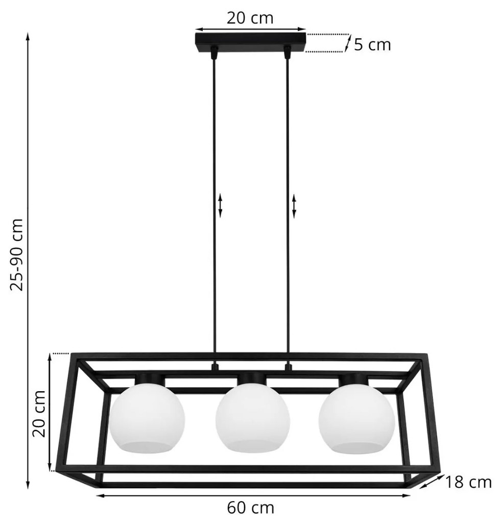 Závesné svietidlo ELIZA CAGE, 3x biele sklenené tienidlo v kovovom ráme