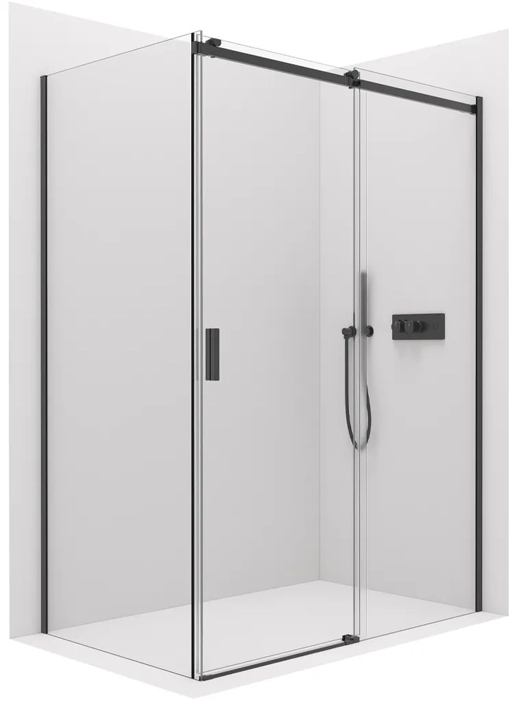 Cerano Santoro, sprchový kút s posuvnými dverami 140(dvere) x 70(stena) x 195 cm, 6mm číre sklo, čierny profil, CER-CER-431518