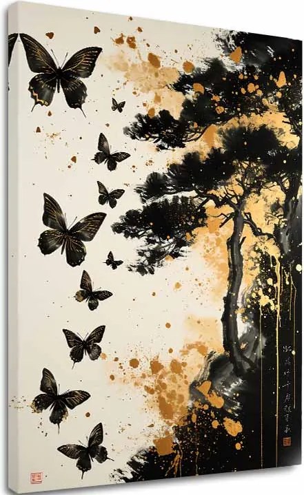 Obraz na plátne Motýlia Harmónia - Čierno-zlatý Dizajn