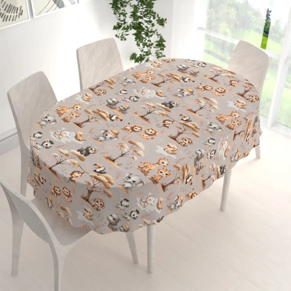 Biante Detský bavlnený oválny obrus Sandra SA-514 Africké zvieratká na sivom 50x100 cm