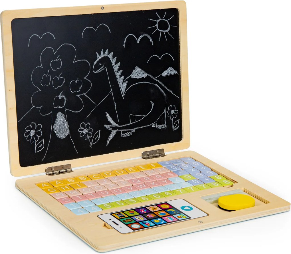 Detský edukačný 2v1 laptop ECOTOYS - magnetická a kriedová tabuľa, 78 písmen a čísiel