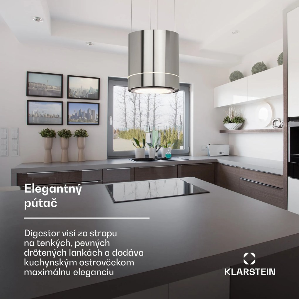 Klarstein Tron Ambience, digestor, 38 cm, ostrovčekový, 540 m³/h, LED, nehrdzavejúca oceľ