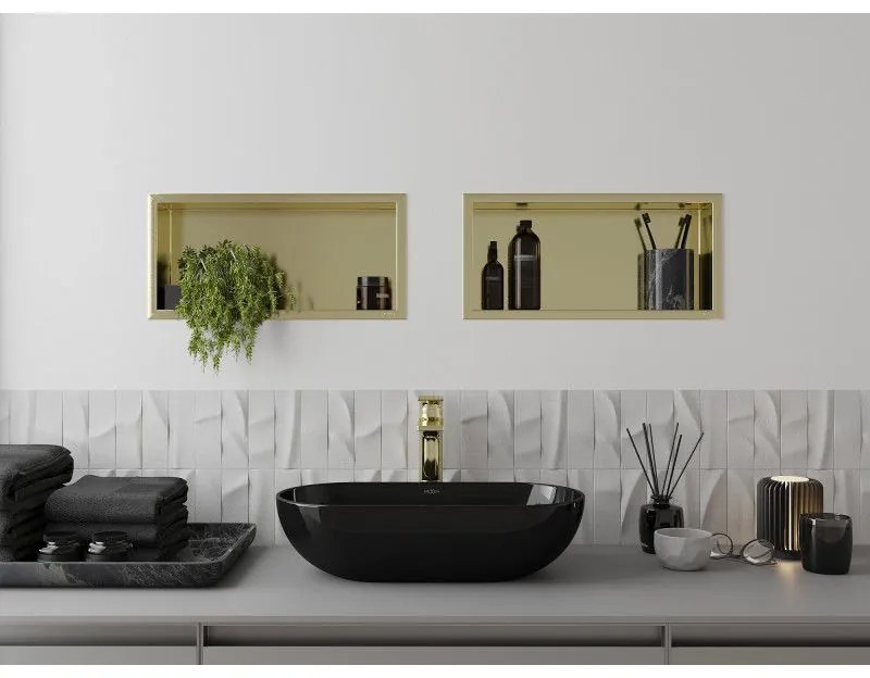 Mexen X-Wall-R, polička na zapustenie na obklad s golierom 45 x 20 cm, zlatá lesklá, 1950452010