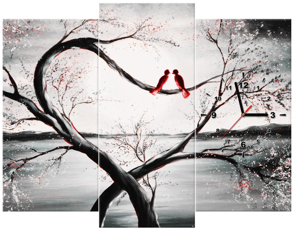 Gario Obraz s hodinami Vtáčia láska - 3 dielny Rozmery: 90 x 70 cm