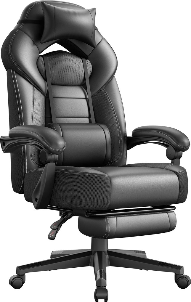 Herná stolička s opierkou nôh, ergonomický dizajn, čierna farba