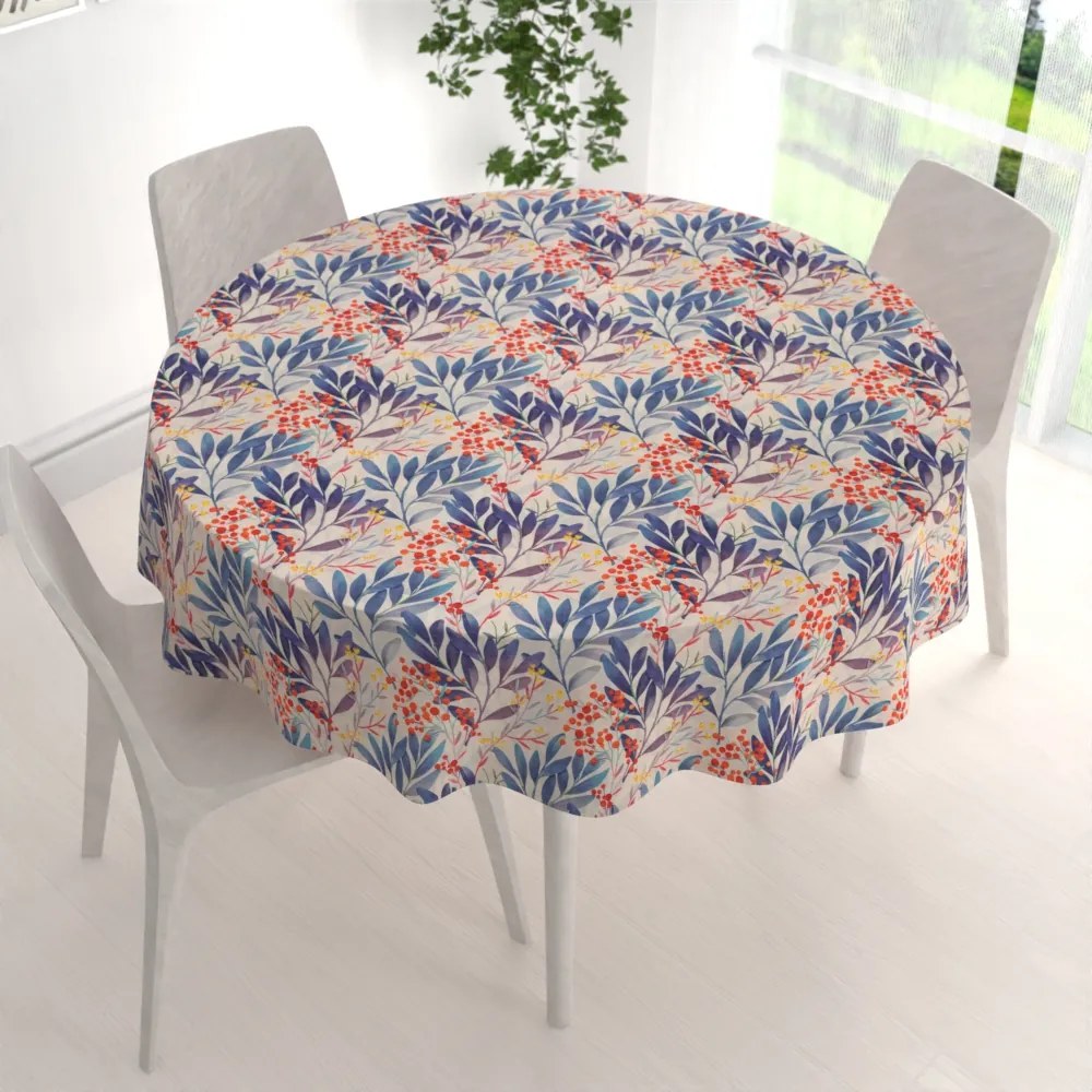 Biante Dekoračný okrúhly obrus PML-067 Modré listy na krémovom Ø 110 cm