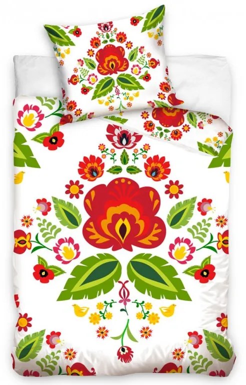 Bavlnené obliečky Folklór ľudové kvety biele 140x200/70x90 cm
