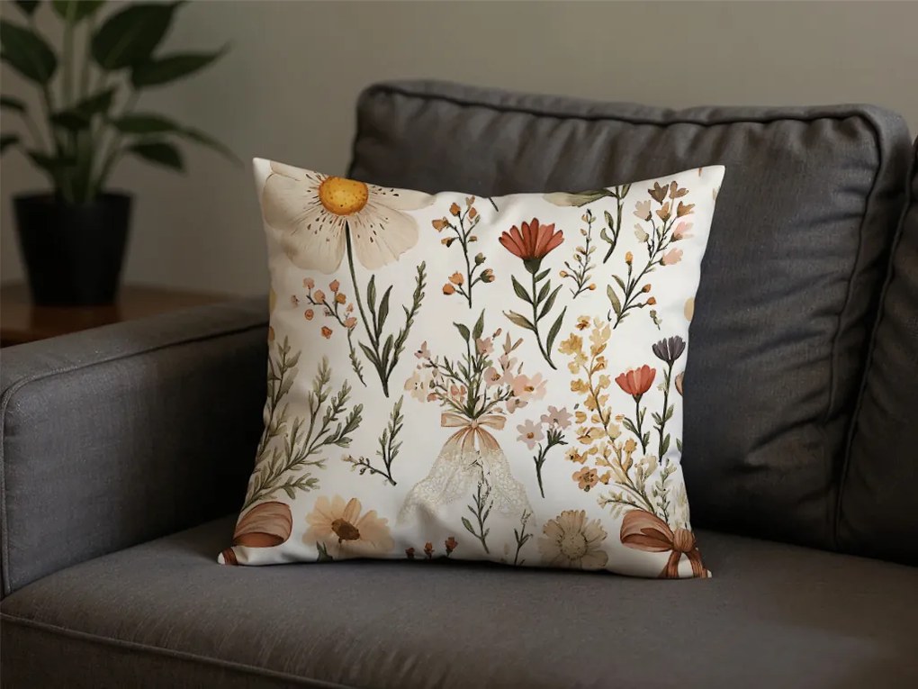 Polybavlnená obliečka na vankúš FLORAL RIBBON POLY 45x45 cm, krémová