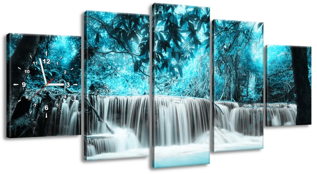 Gario Obraz s hodinami Vodopád v modrej džungli - 5 dielny Rozmery: 150 x 70 cm