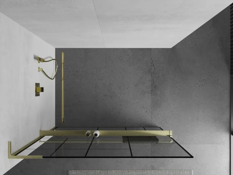 Mexen Kioto+ L, sprchová zástena Walk-In s poličkou a vešiakom 120 x 200 cm, 8mm číre sklo čierny vzor, zlatý matný profil, 800-120-123-55-78